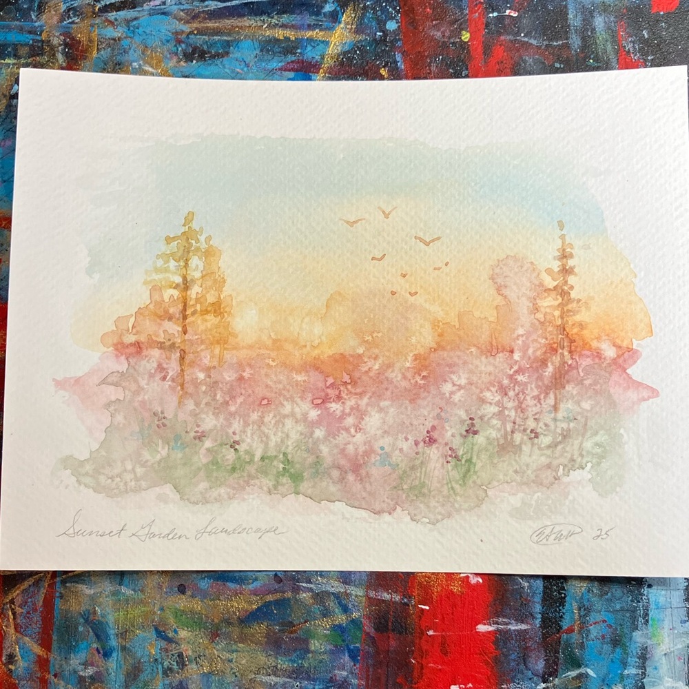 Original Sunset landscape painting watercolor art wall artwork Ooak Artettina US